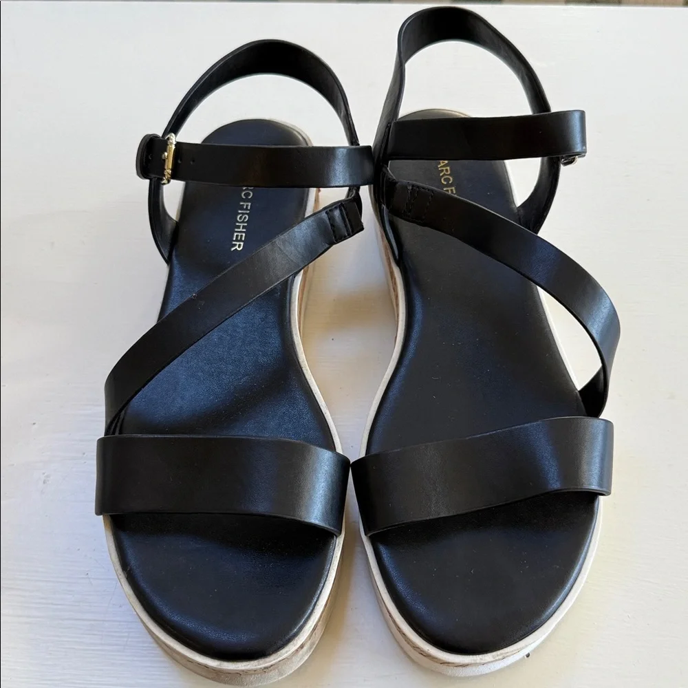 Marc Fisher Grandie Black Faux Leather Wedge Sandals Shoes Womens Size 9.5 - Picture 6 of 11